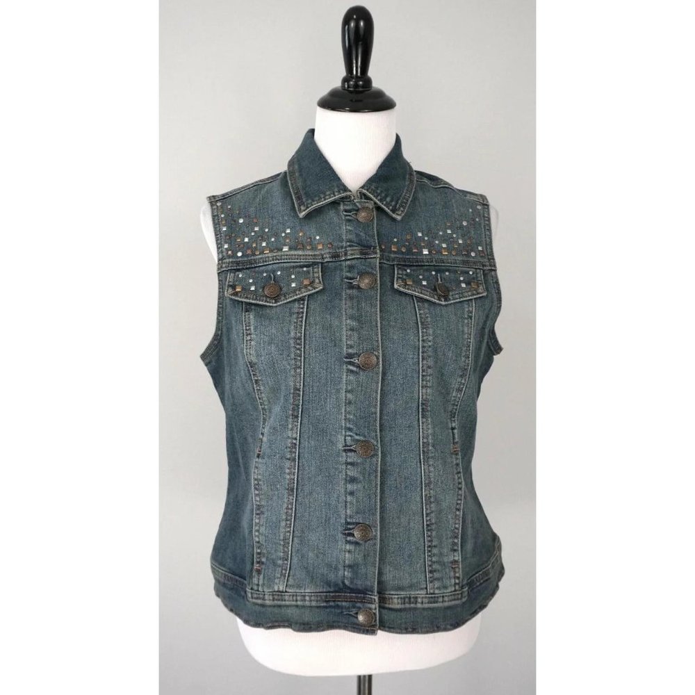 CHRISTOPHER & BANKS Studded Medium Wash Button Collared Denim Coat Vest Size S